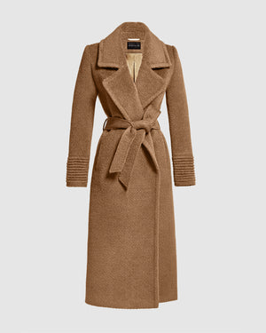 Sentaler dark camel wrap coat made of bouclé alpaca wool with a notched collar, belted.