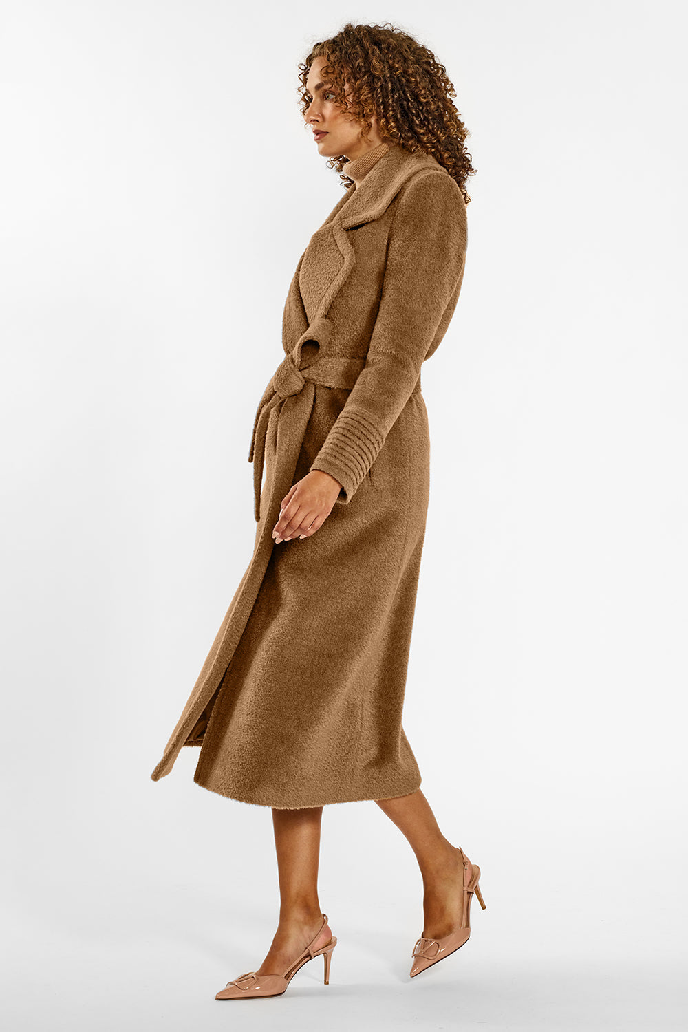 Bouclé Alpaca Notched Collar Wrap Dark Camel Coat | SENTALER