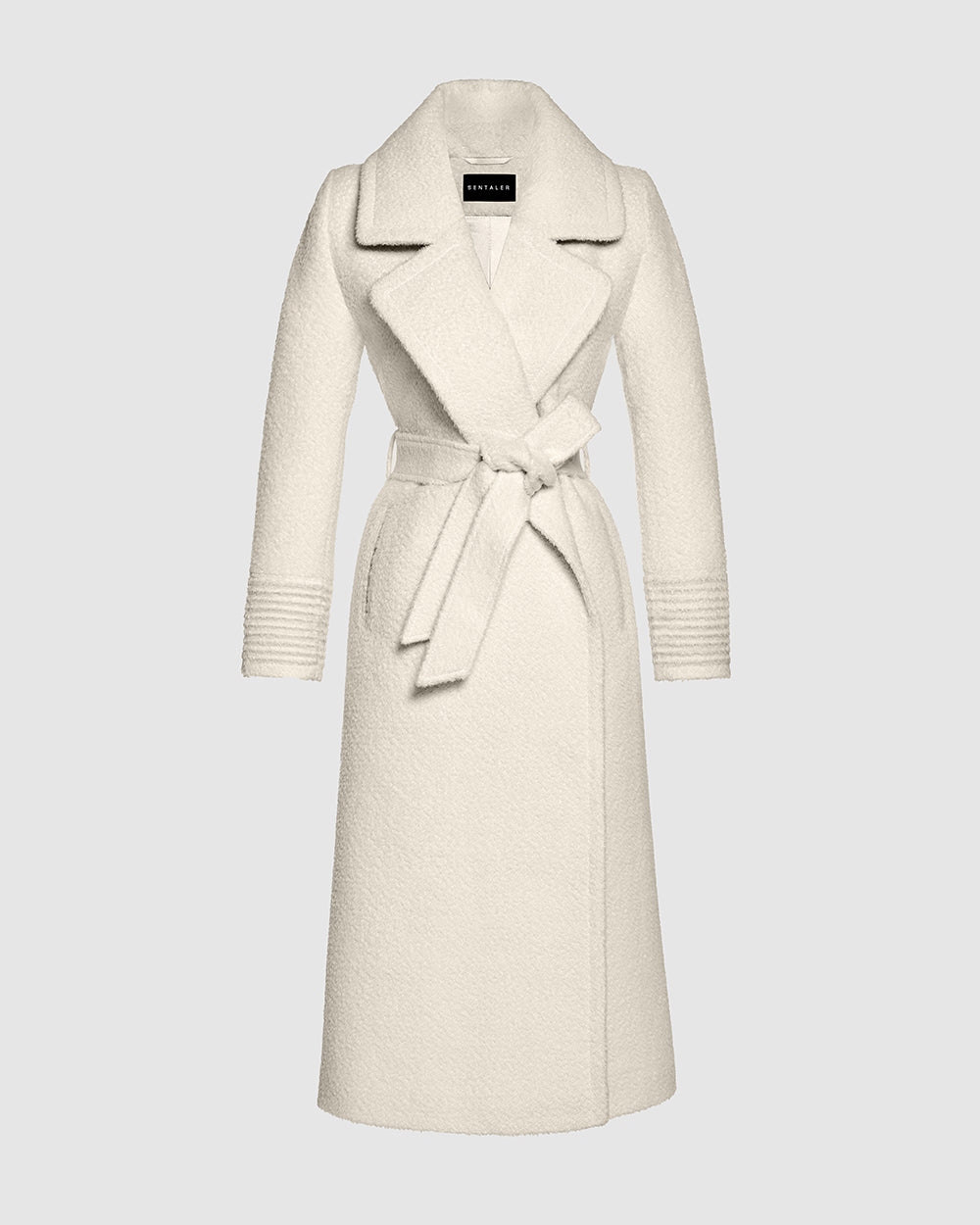 Sentaler Bouclé Alpaca Long Notched Collar Wrap Ivory Coat in Bouclé Alpaca wool. Seen as belted off figure.