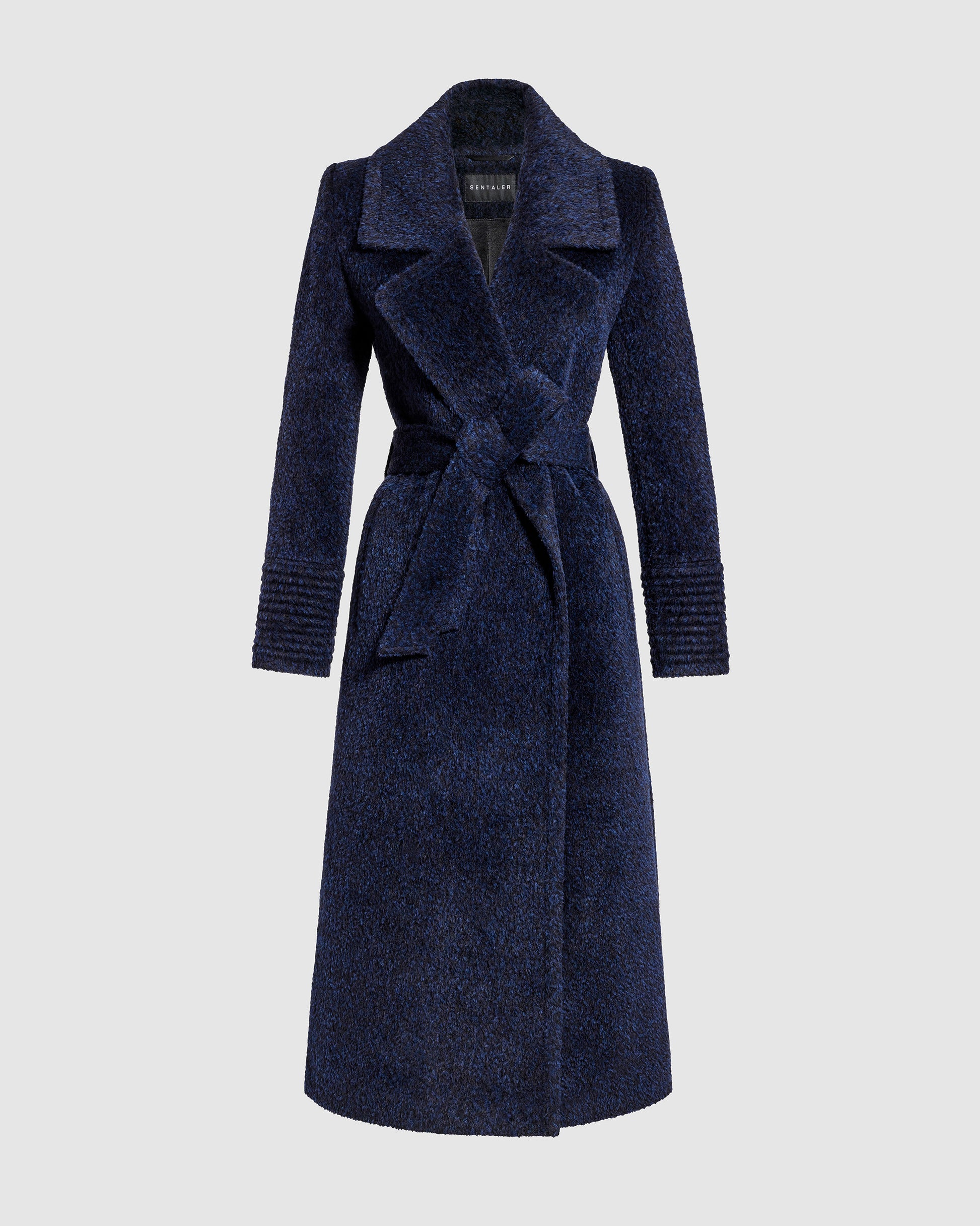 Sentaler midnight blue wrap coat made of bouclé alpaca wool with a notched collar, belted.