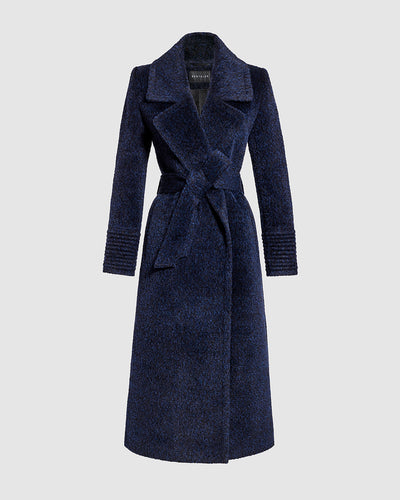 Sentaler Bouclé Alpaca Long Notched Collar Wrap Midnight Blue Coat in Bouclé Alpaca wool. Seen as belted off figure.