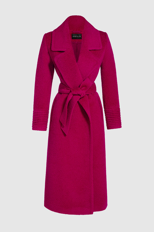 Sentaler Bouclé Alpaca Long Notched Collar Wrap Coat featured in Bouclé Alpaca and available in Orchid Flower Pink. Seen as off figure belted.