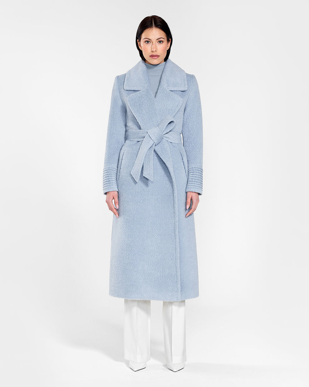 Alpaca Long Notched Collar Wrap Powder Blue Coat | SENTALER