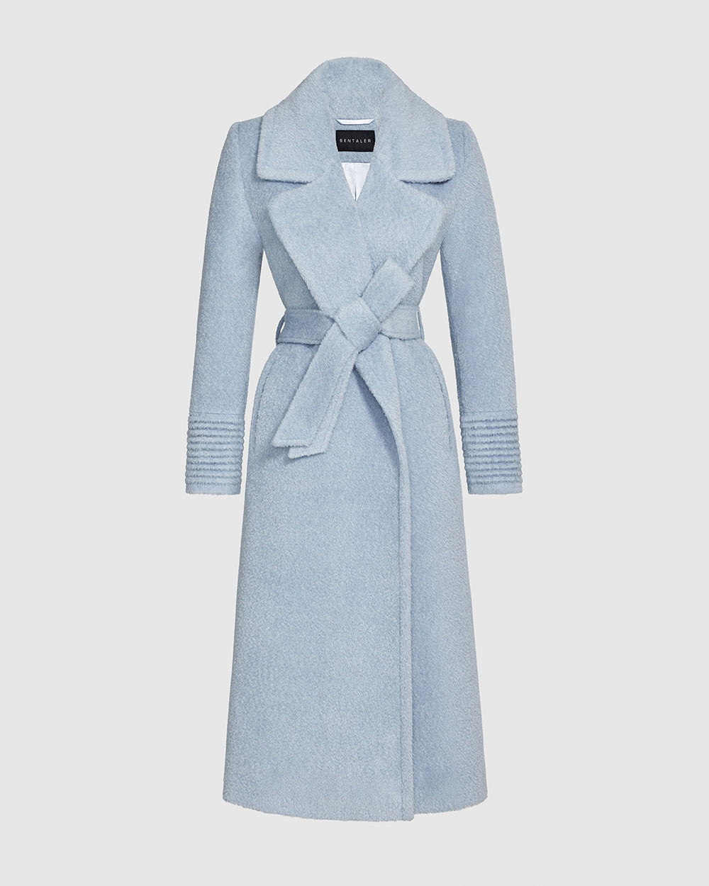 Sentaler Bouclé Alpaca Long Notched Collar Wrap Powder Blue Coat in Bouclé Alpaca wool. Seen as belted off figure.