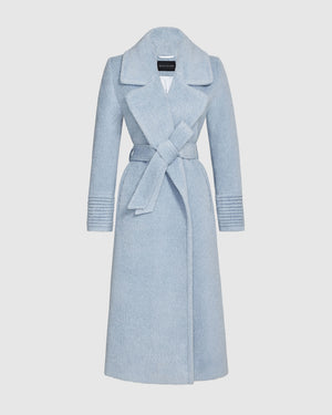 Sentaler powder blue wrap coat made of bouclé alpaca wool with a notched collar, belted.