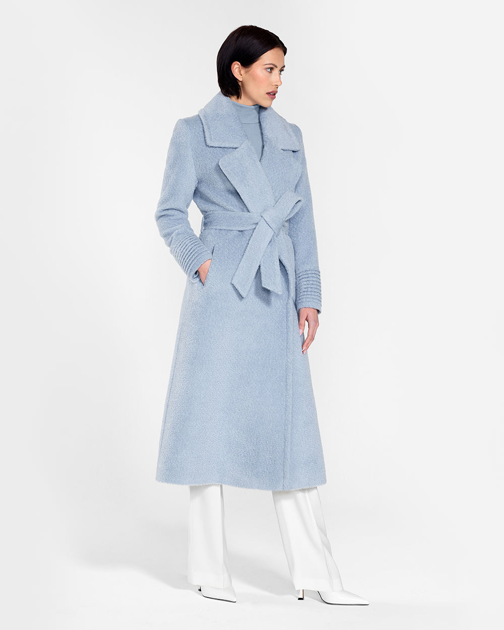 Sentaler Bouclé Alpaca Long Notched Collar Wrap Powder Blue Coat in Bouclé Alpaca wool. Seen from side belted on female model.