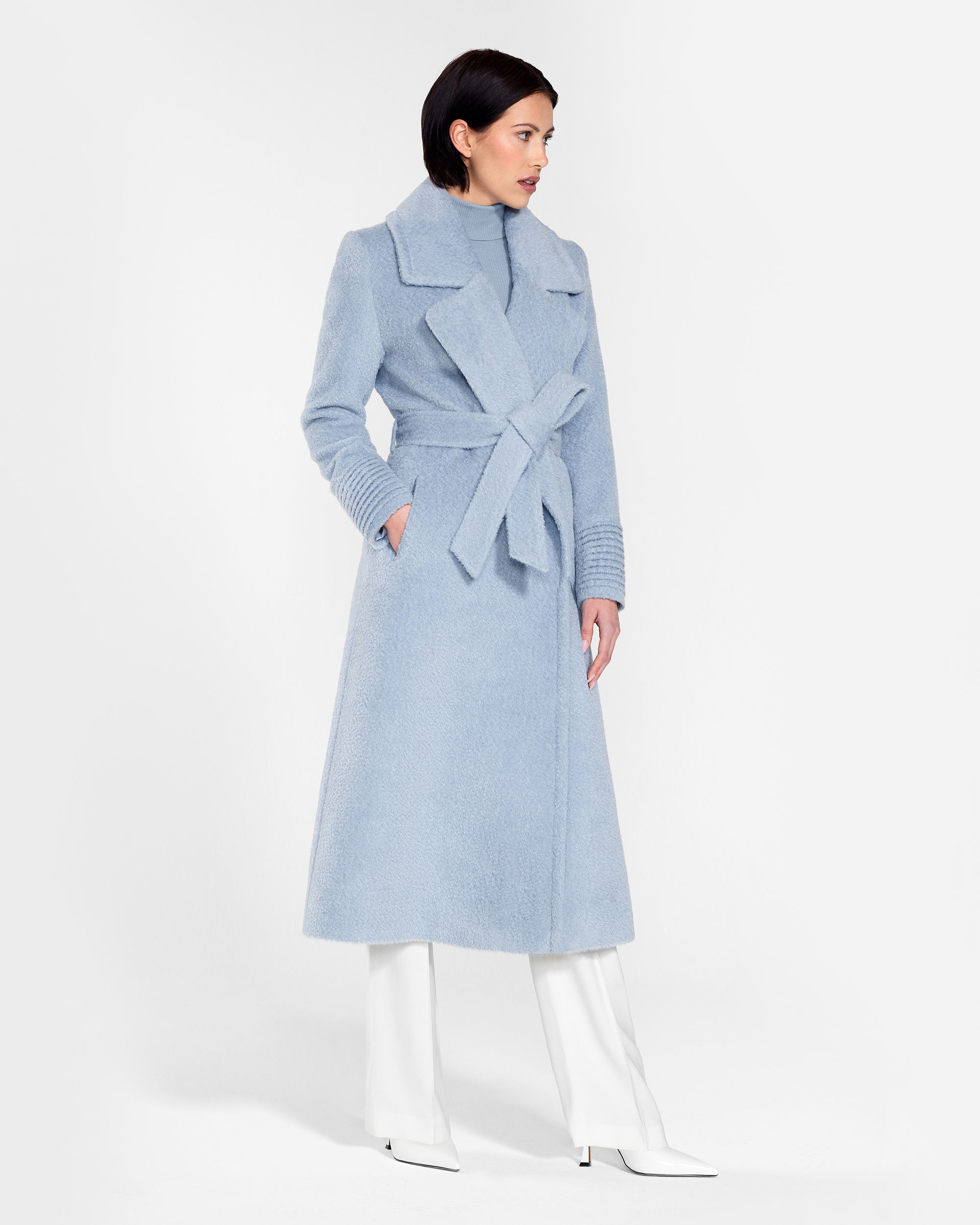 Alpaca Long Notched Collar Wrap Powder Blue Coat | SENTALER