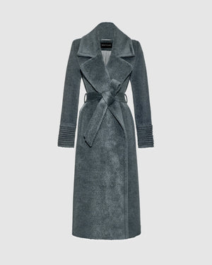 Sentaler graphite grey wrap coat made of bouclé alpaca wool with a notched collar, belted.