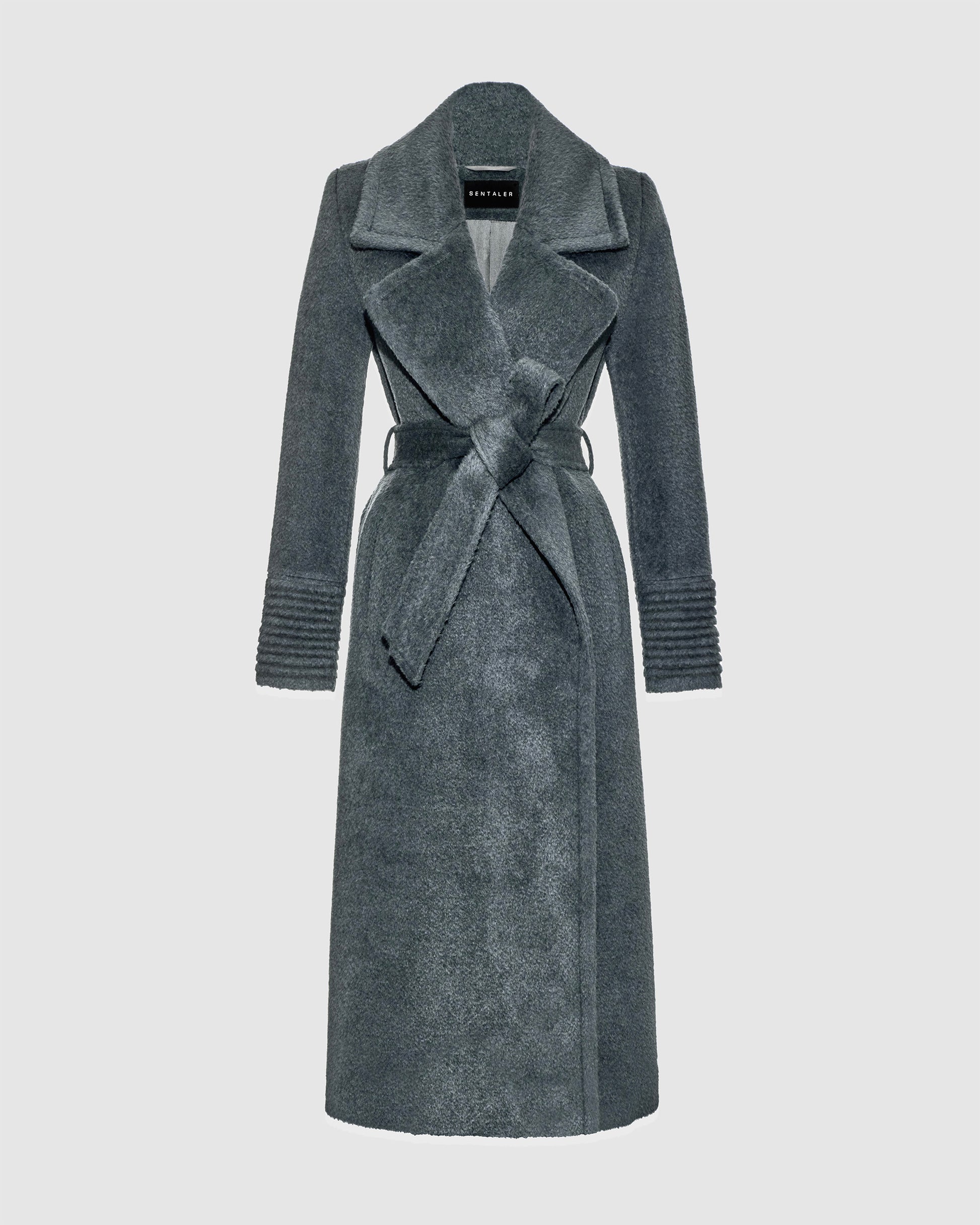Sentaler graphite grey wrap coat made of bouclé alpaca wool with a notched collar, belted.
