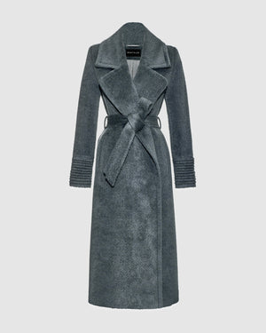 Sentaler graphite grey wrap coat made of bouclé alpaca wool with a notched collar, belted.