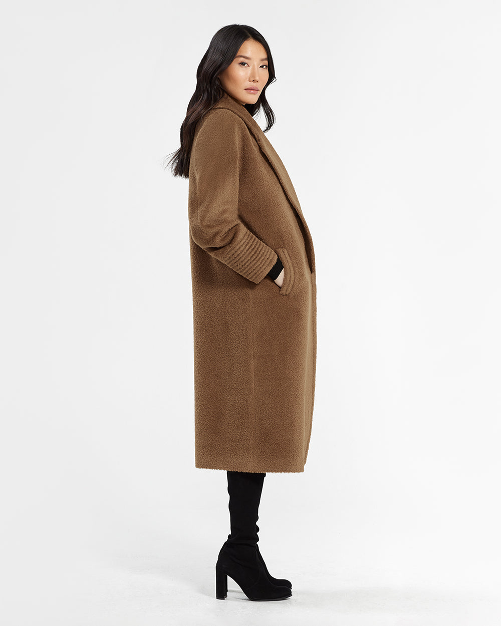 Bouclé Alpaca Long Oversized Notched Collar Dark Camel Coat in Bouclé Alpaca wool. Seen from side on female model.