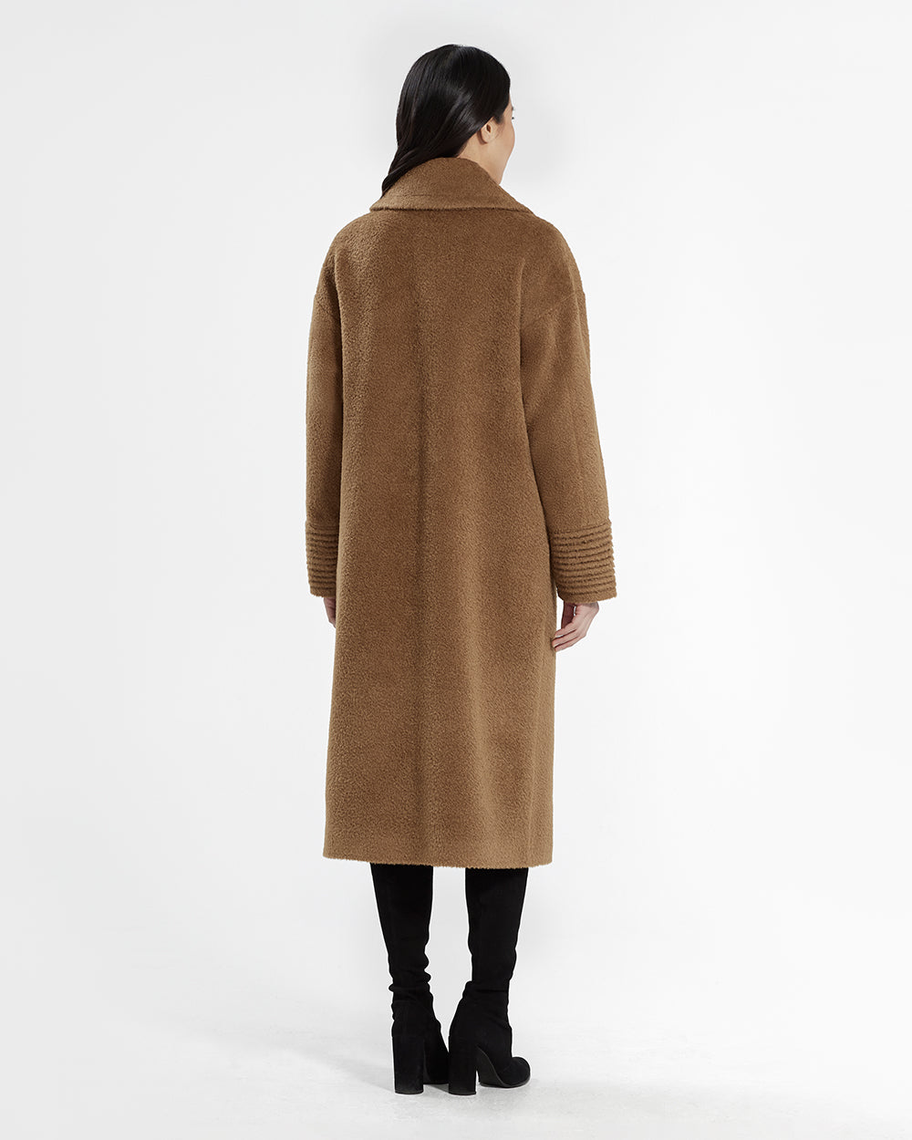 Bouclé Alpaca Long Oversized Notched Collar Dark Camel Coat in Bouclé Alpaca wool. Seen from back on female model.