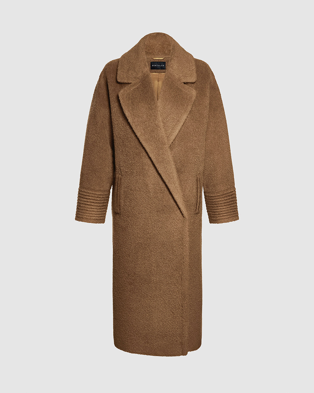 Bouclé Alpaca Long Oversized Notched Collar Dark Camel Coat in Bouclé Alpaca wool. Seen as off figure.