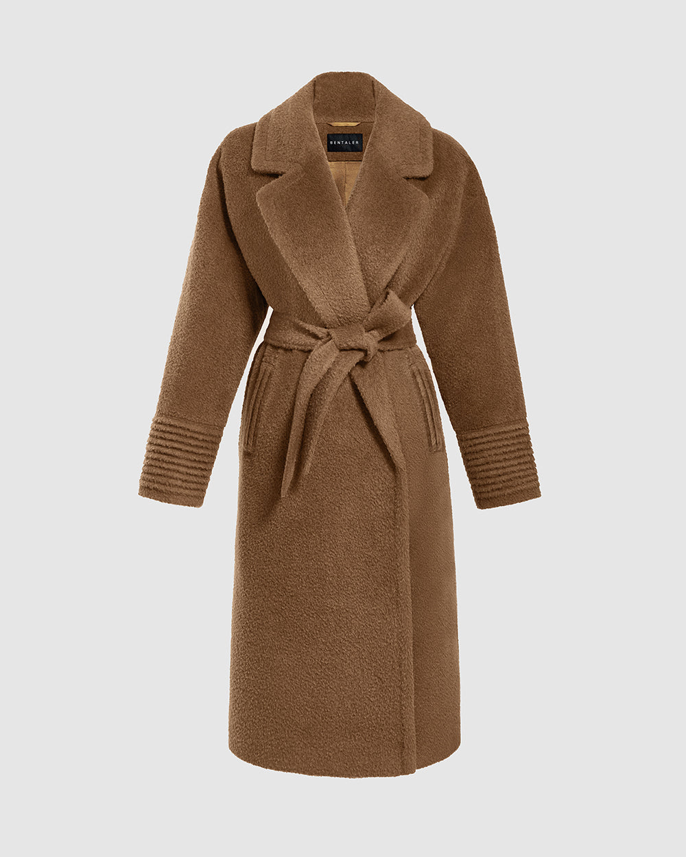 Bouclé Alpaca Long Oversized Notched Collar Dark Camel Coat in Bouclé Alpaca wool. Seen as belted off figure.