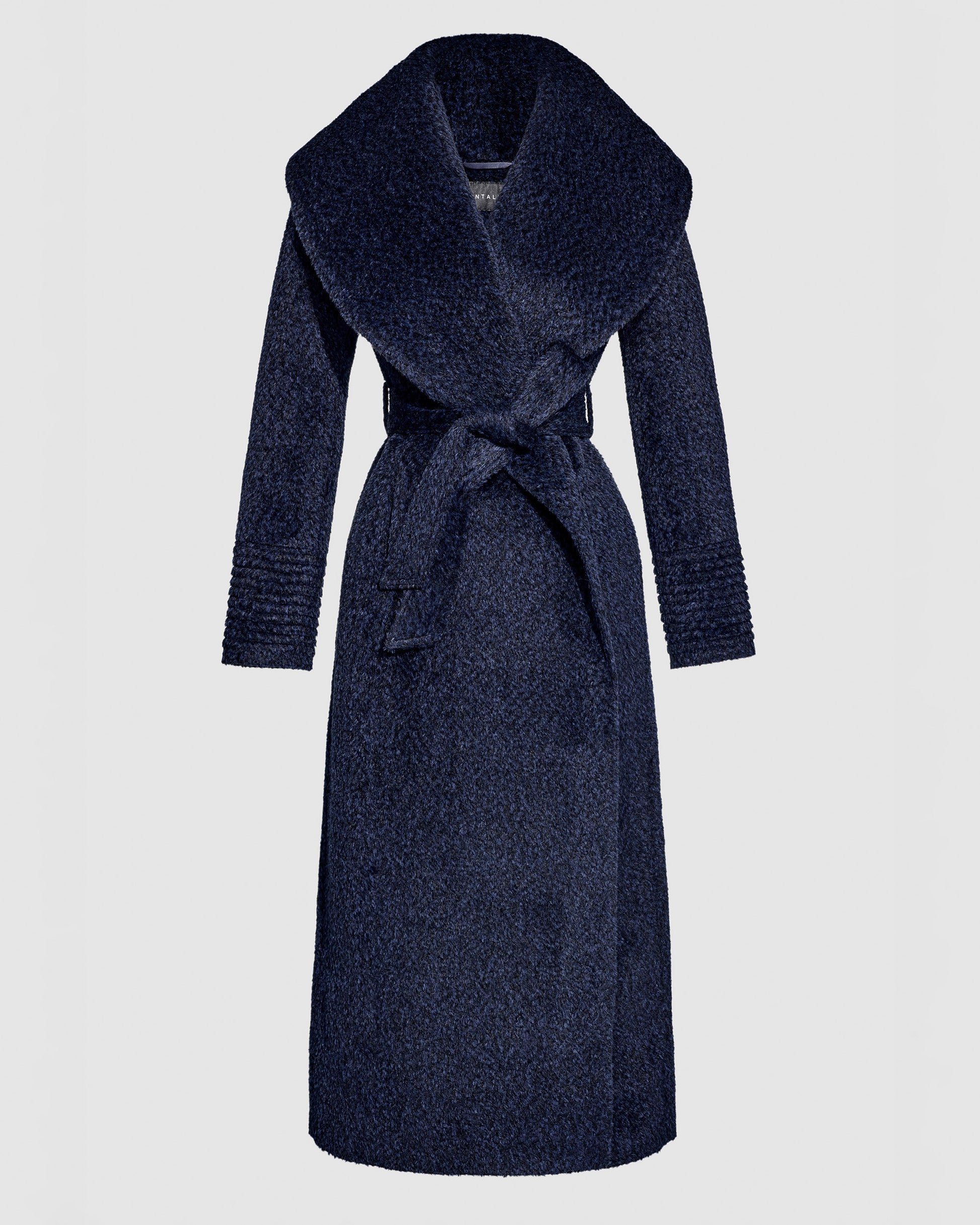Sentaler midnight blue maxi wrap coat made of bouclé alpaca wool with a wide shawl collar, belted.