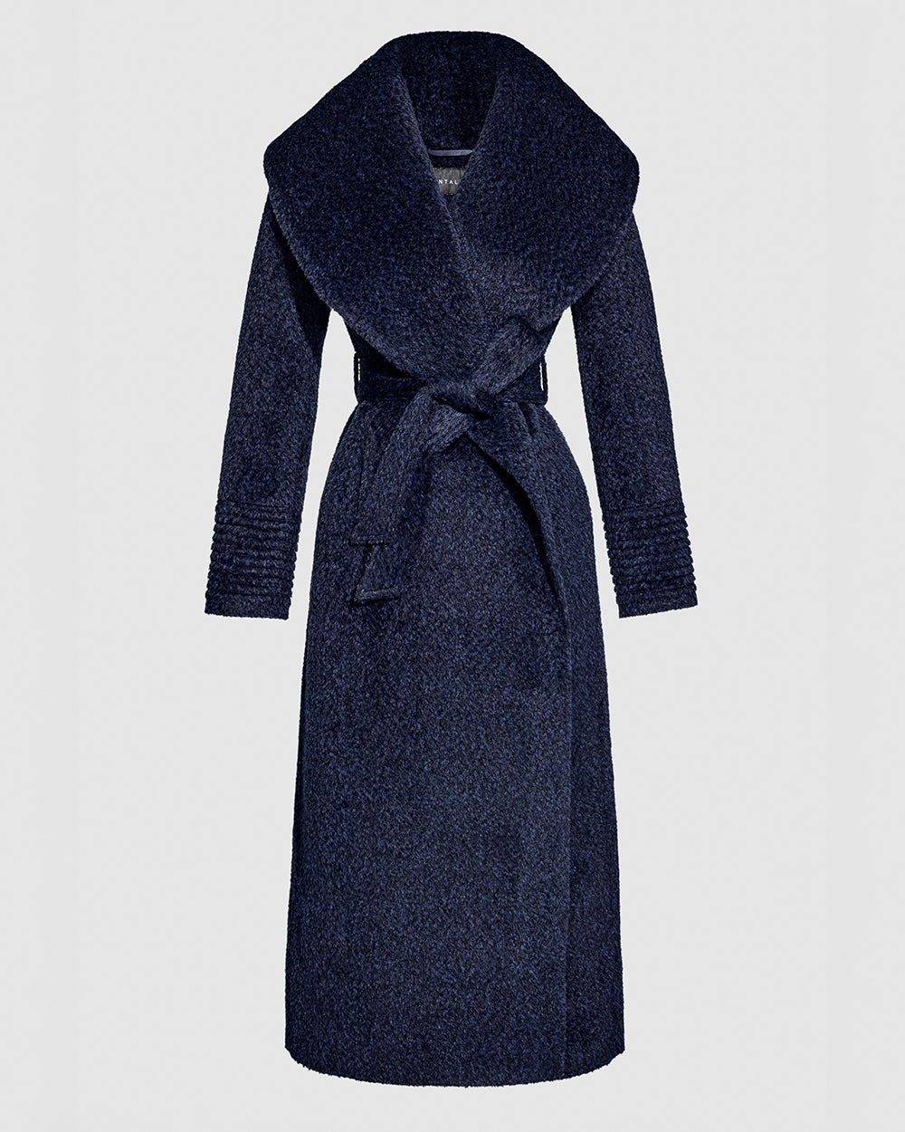 Sentaler Alpaca Maxi Shawl Collar Wrap Midnight Blue Coat in Bouclé Alpaca wool. Seen as belted off figure.