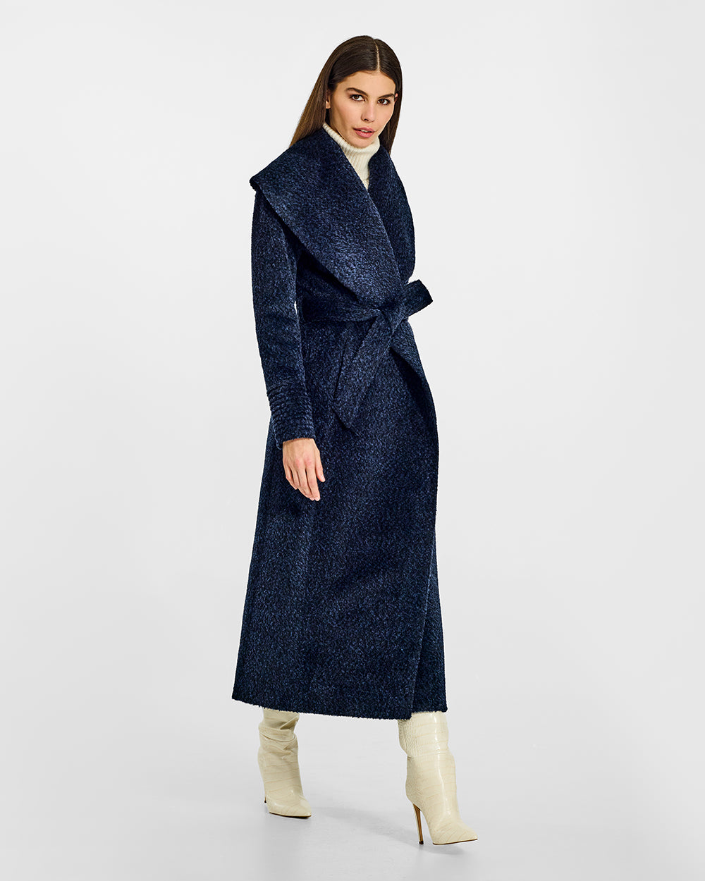 Bouclé Alpaca Maxi Shawl Collar Wrap Midnight Blue Coat