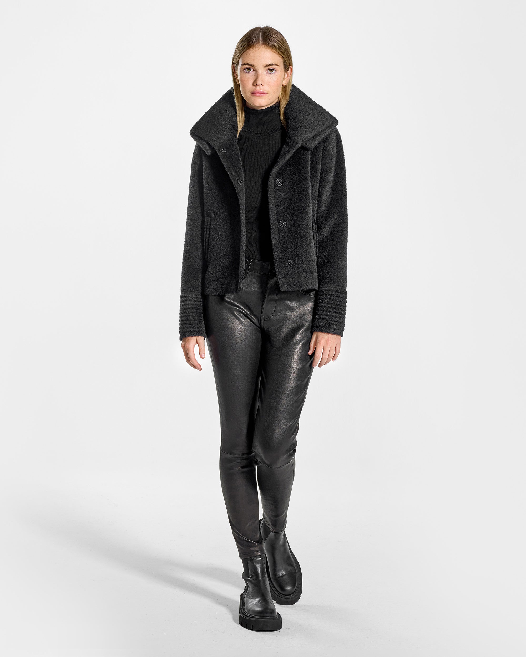 Bouclé Alpaca Double Collar Moto Black Jacket | SENTALER