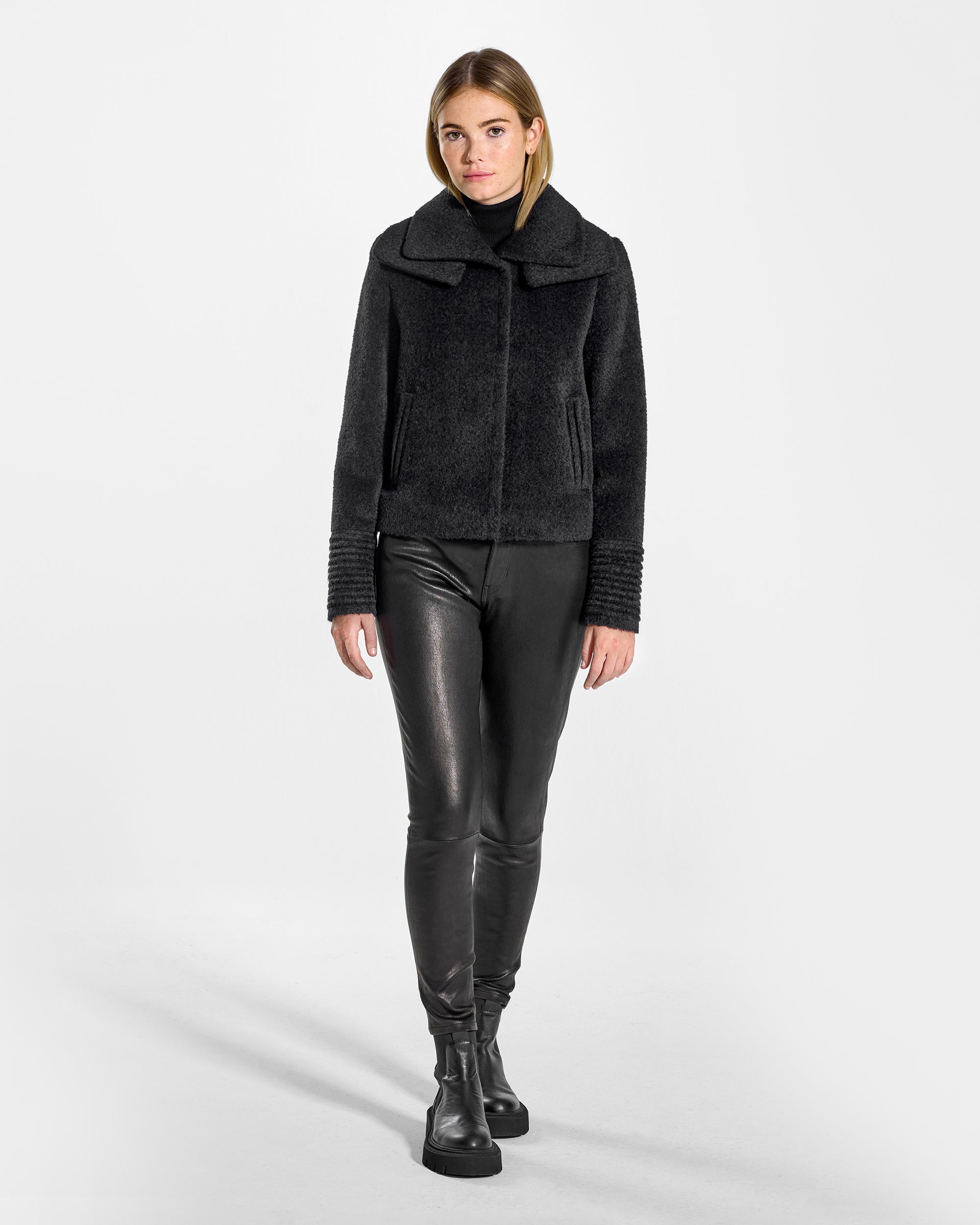 Bouclé Alpaca Double Collar Moto Black Jacket | SENTALER