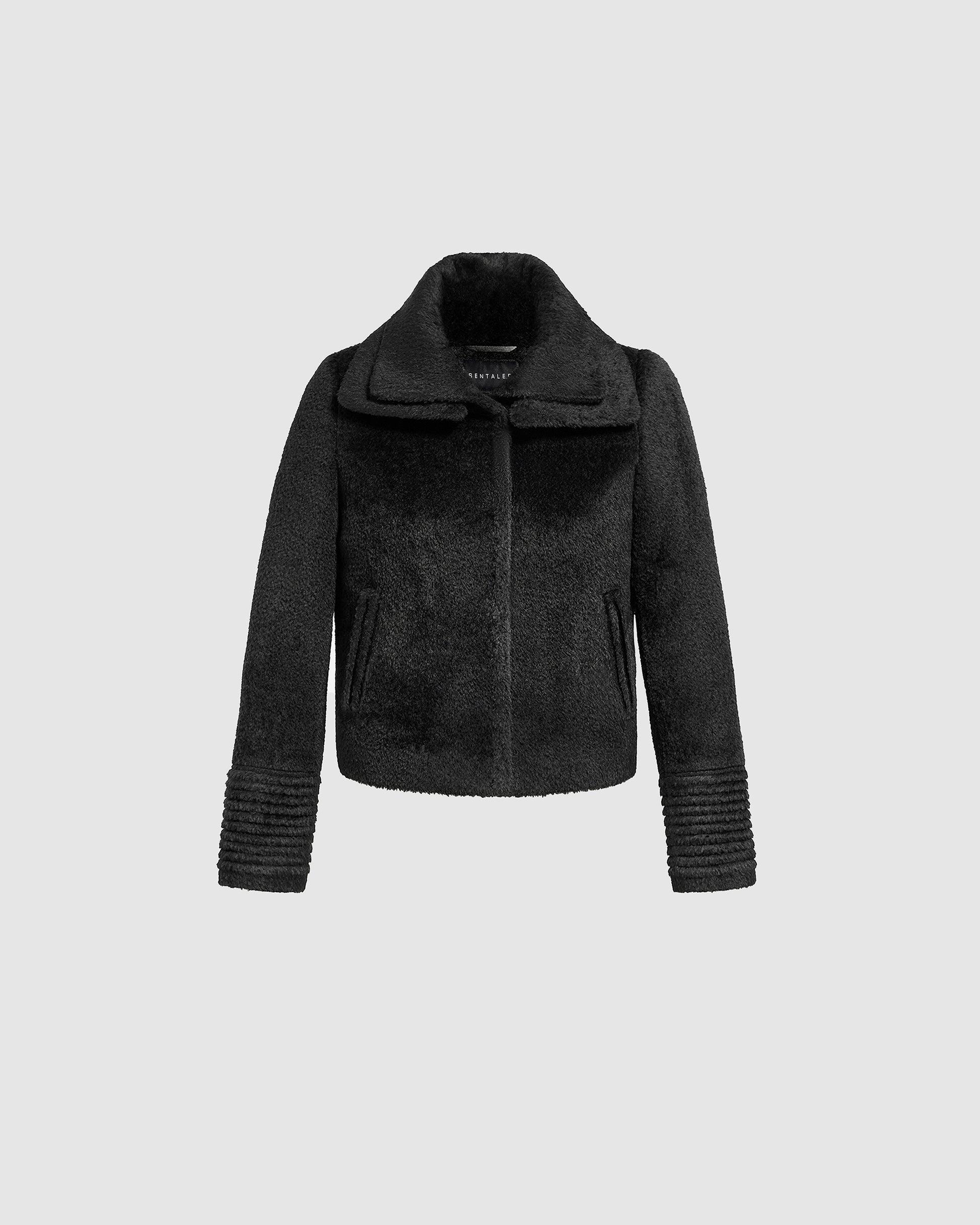 Sentaler black moto jacket made of bouclé alpaca wool with a double collar, buttoned.