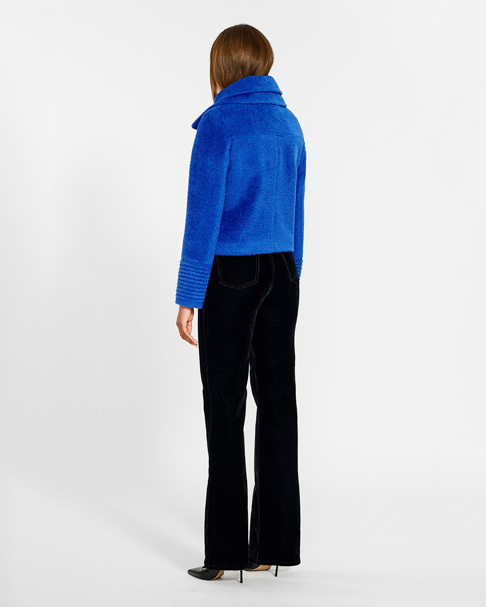 Sentaler Bouclé Alpaca Double Collar Moto Cobalt Blue Jacket in Bouclé Alpaca wool. Seen from back on female model.