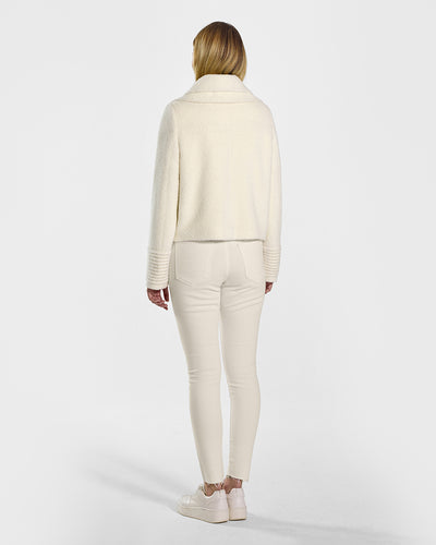 Sentaler Bouclé Alpaca Double Collar Moto Ivory Jacket in Bouclé Alpaca wool. Seen from back on female model.