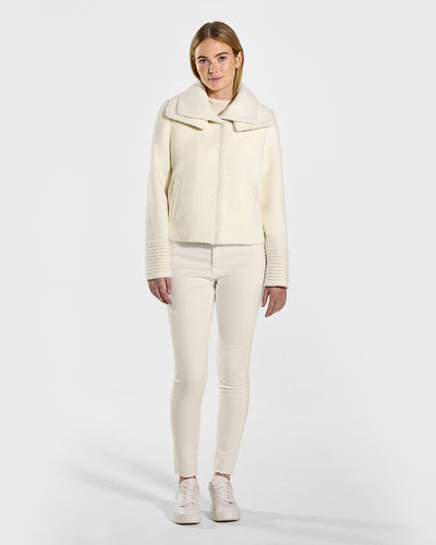 Sentaler Bouclé Alpaca Double Collar Moto Ivory Jacket in Bouclé Alpaca wool. Seen from front on female model.