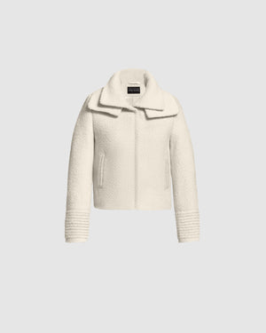 Sentaler ivory moto jacket made of bouclé alpaca wool with a double collar, buttoned.