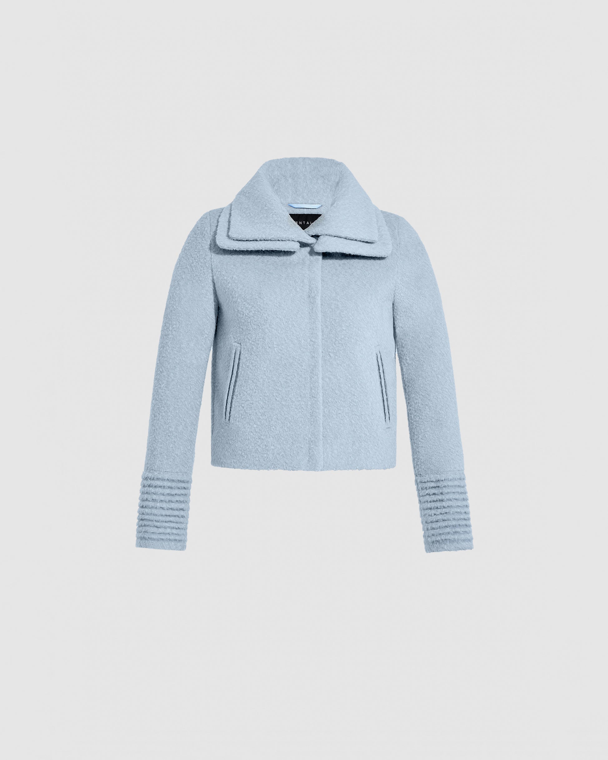 Sentaler powder blue moto jacket made of bouclé alpaca wool with a double collar, buttoned.
