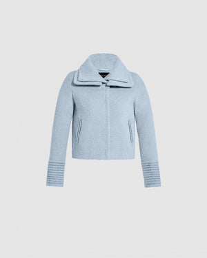 Sentaler powder blue moto jacket made of bouclé alpaca wool with a double collar, buttoned.