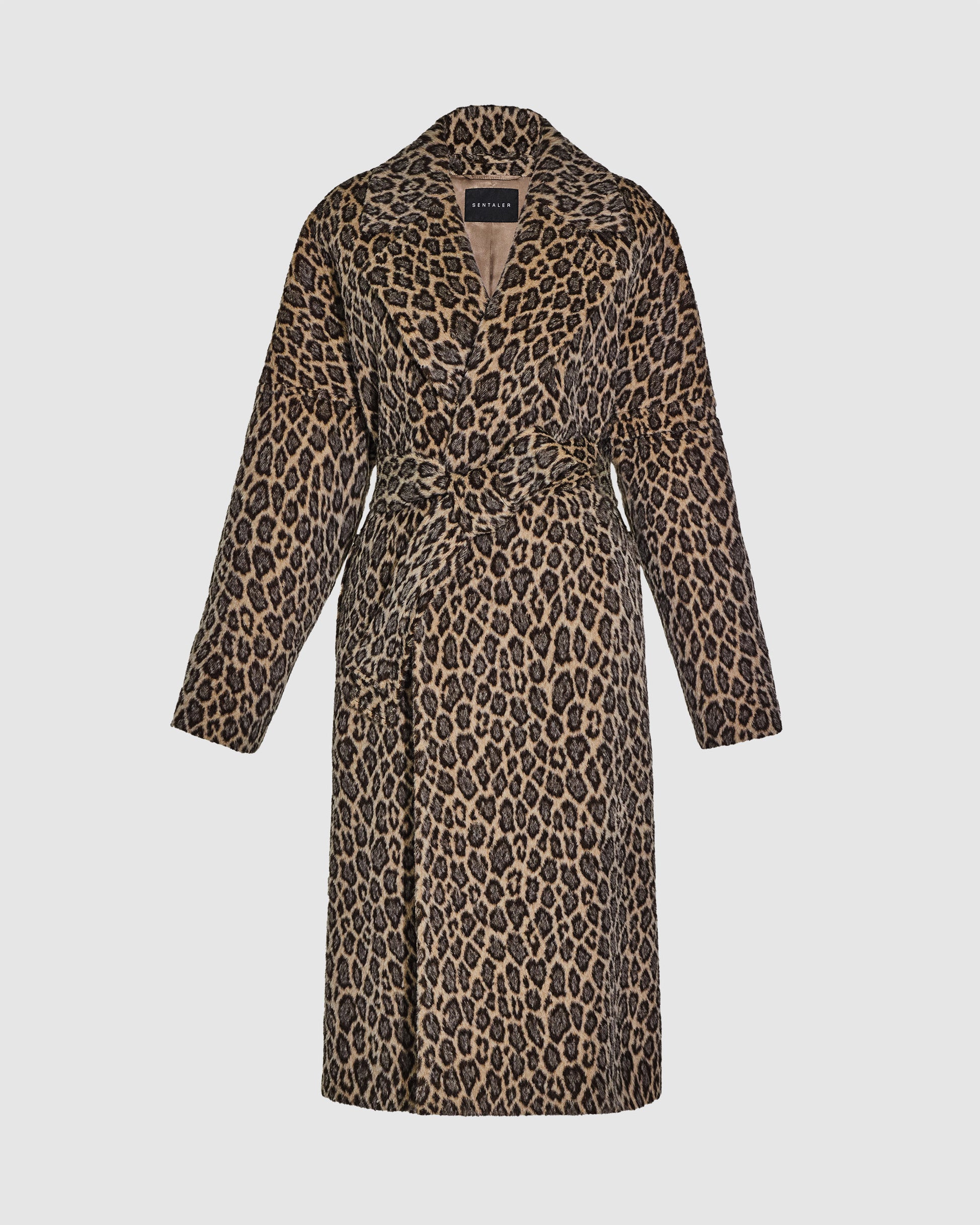 Sentaler long leopard robe coat made of bouclé suri alpaca wool, with long notched collar, belted.