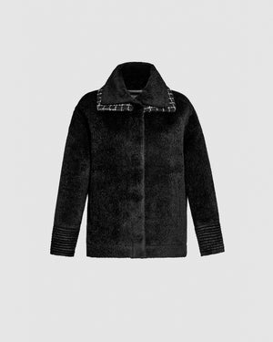 Sentaler black bomber jacket made of bouclé alpaca wool with double collar, buttoned.