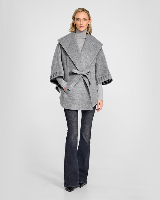 Sentaler Shale Grey Cape with Shawl Collar and Belt in Baby Alpaca wool. Seen from front belted on female model.