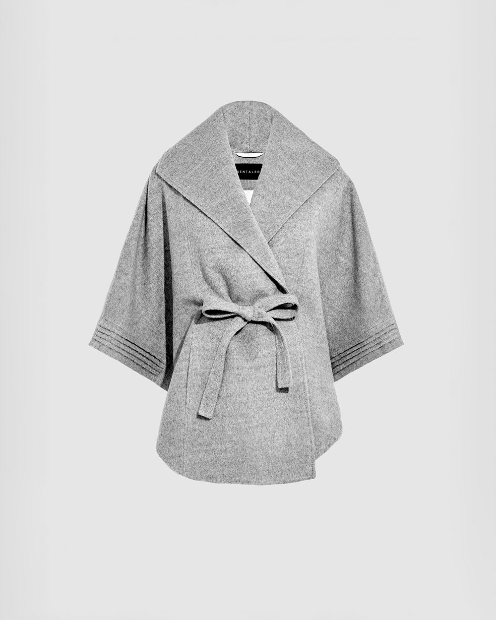 Sentaler Shale Grey Cape with Shawl Collar and Belt in Baby Alpaca wool. Seen from as off figure belted.