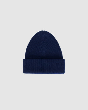 Sentaler classic navy beanie made from baby alpaca yarn, displayed on a white background.