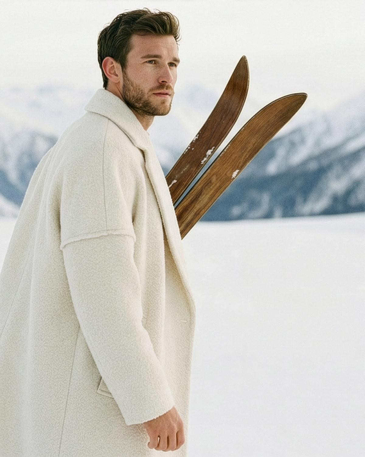 Sentaler Robe Ivory Coat in Bouclé Alpaca wool. Seen from front view open.