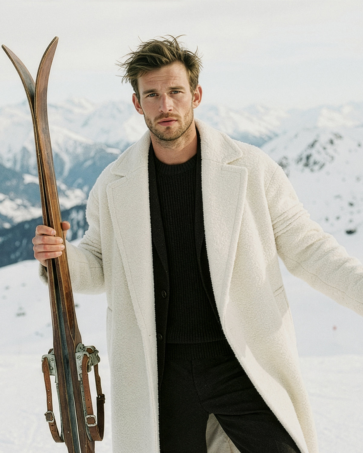 Sentaler Robe Ivory Coat in Bouclé Alpaca wool. Seen from front view open.