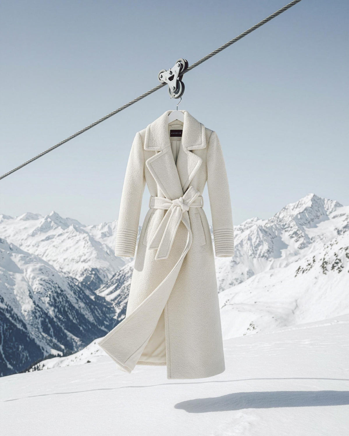 Sentaler ivory wrap coat made of bouclé alpaca wool with a notched collar, belted.