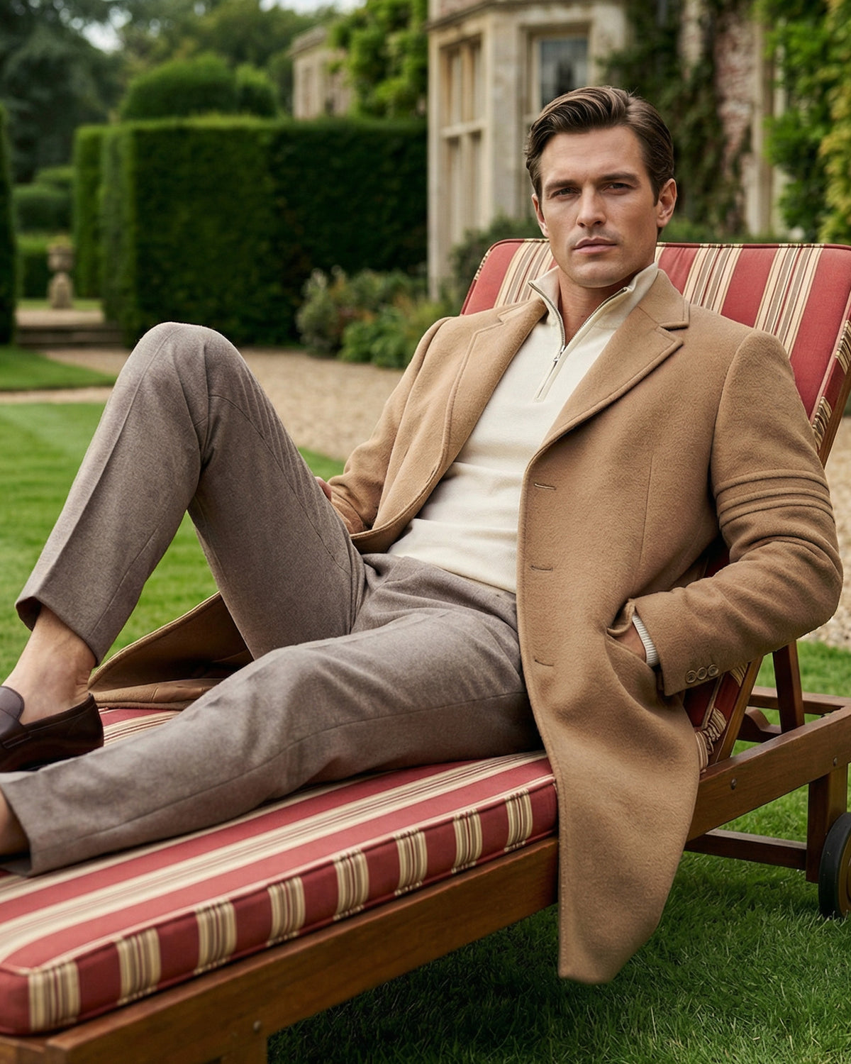 Sentaler Notched Lapel Dark Camel Overcoat in Baby Alpaca wool. Seen open.