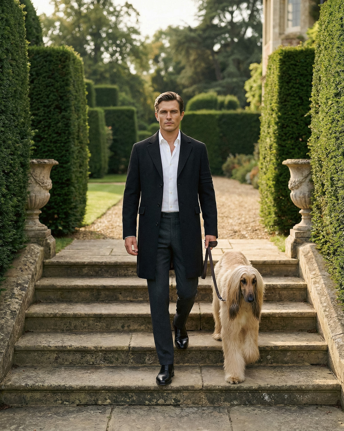 Sentaler Notched Lapel Black Overcoat in Baby Alpaca wool. Seen open.