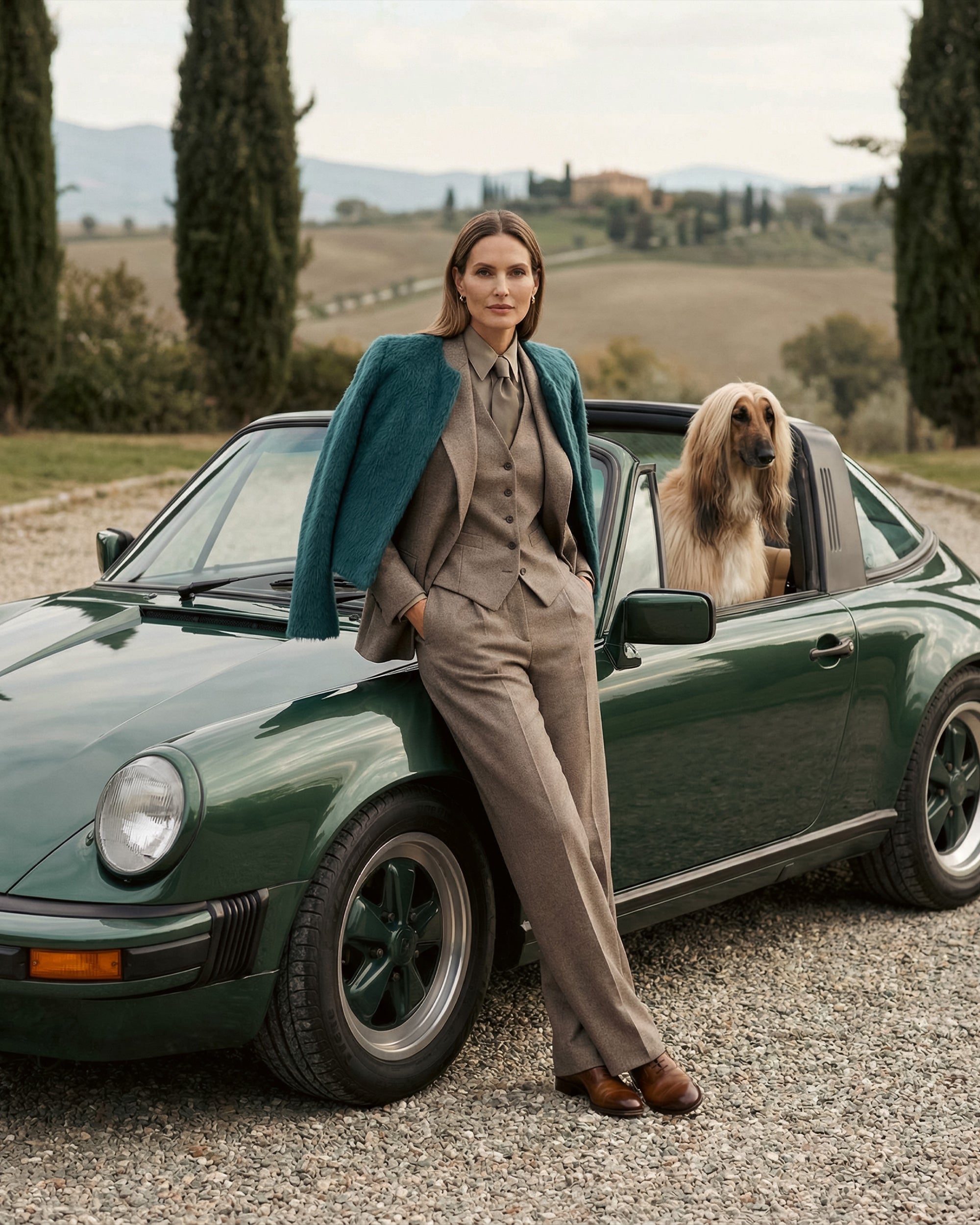 Front view of model wearing a Sentaler moto emerald green jacket made of textured suri alpaca wool, worn open.