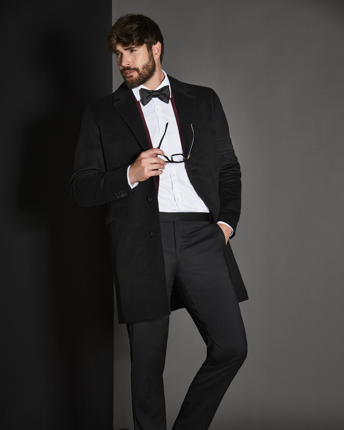 Sentaler Notched Lapel Black Overcoat in Baby Alpaca wool. Seen open.