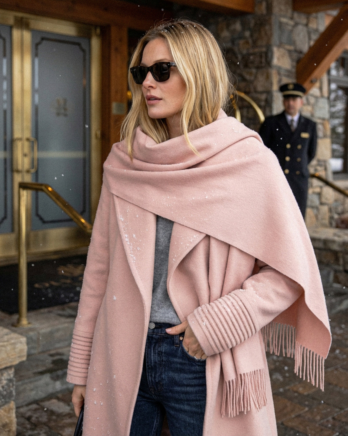 Front view of model wearing a Sentaler mid length blush pink coat made of baby alpaca wool, with a shawl collar, worn belted.