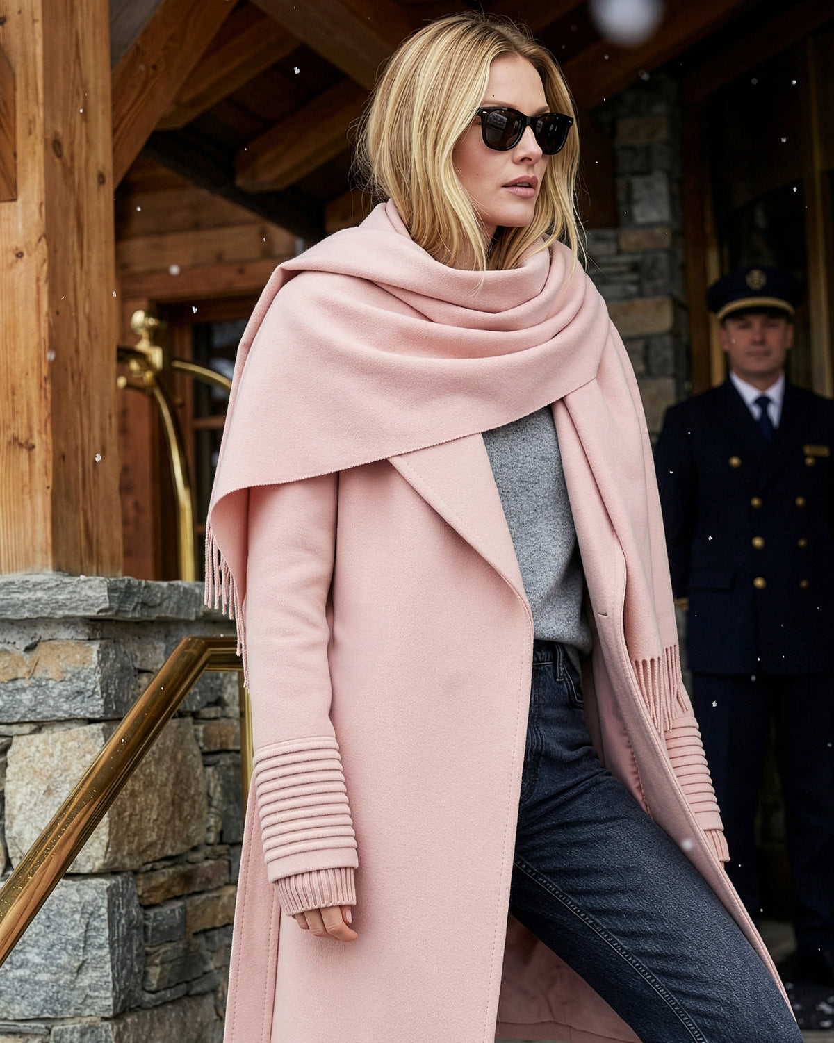 Front view of model wearing a Sentaler mid length blush pink coat made of baby alpaca wool, with a shawl collar, worn belted.