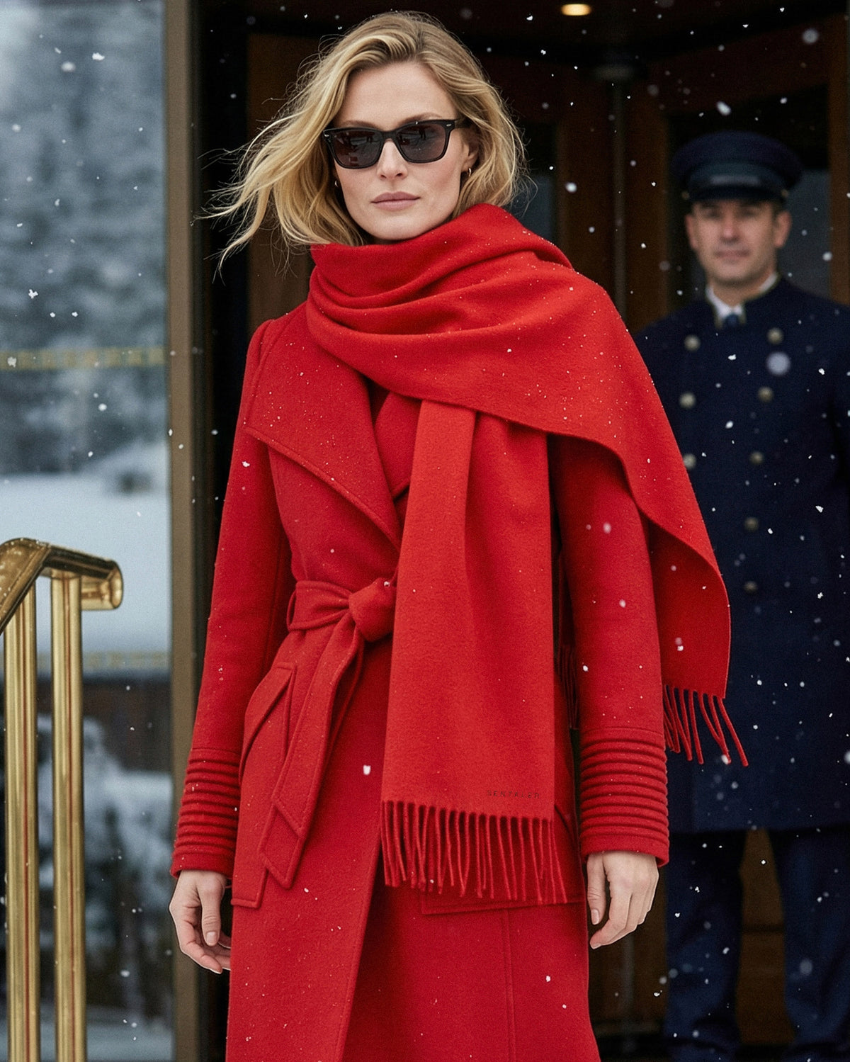 Front view of model wearing a Sentaler scarlet red long wrap coat made of baby alpaca wool, with a wide collar, worn belted.