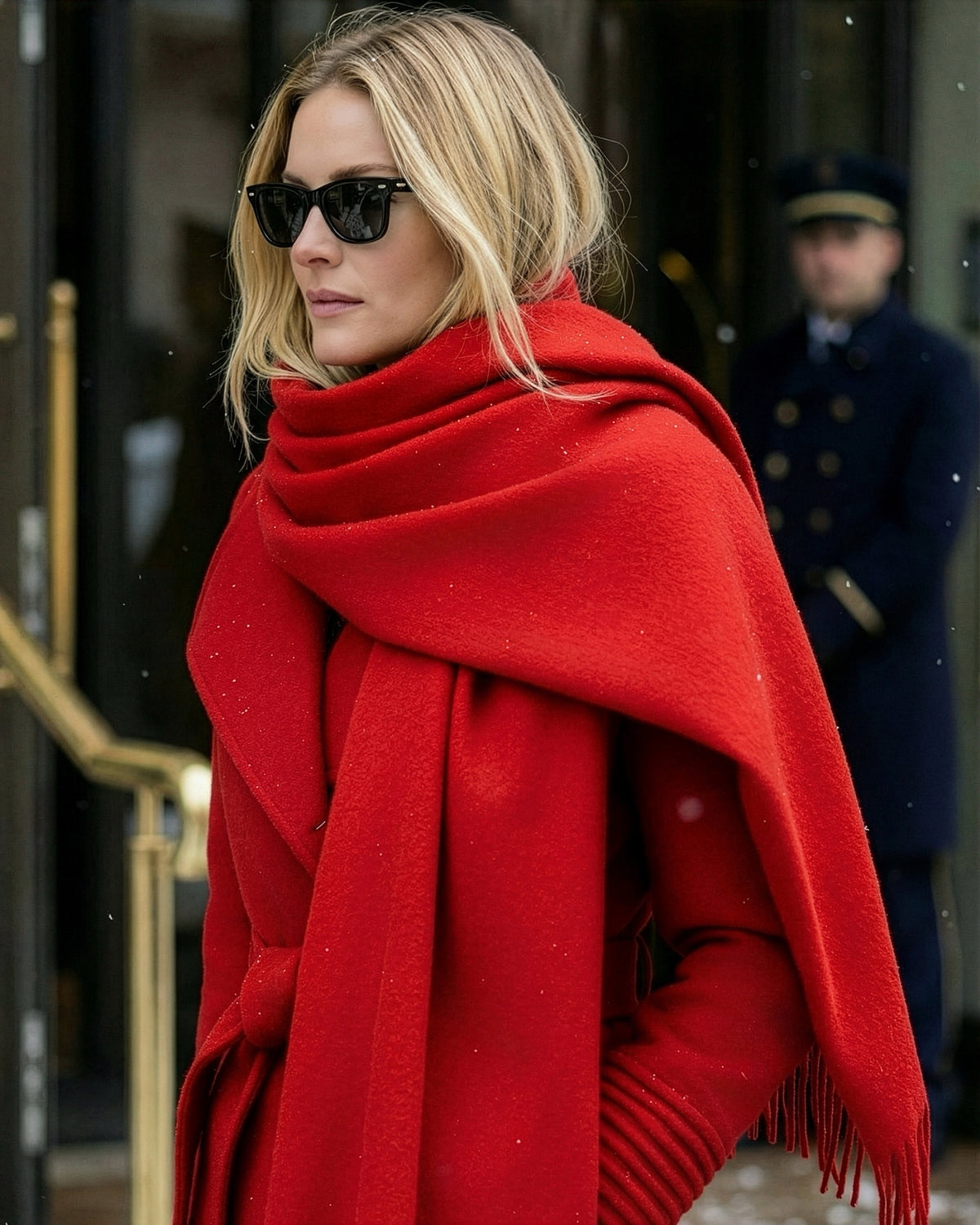 Front view of model wearing a Sentaler scarlet red long wrap coat made of baby alpaca wool, with a wide collar, worn belted.
