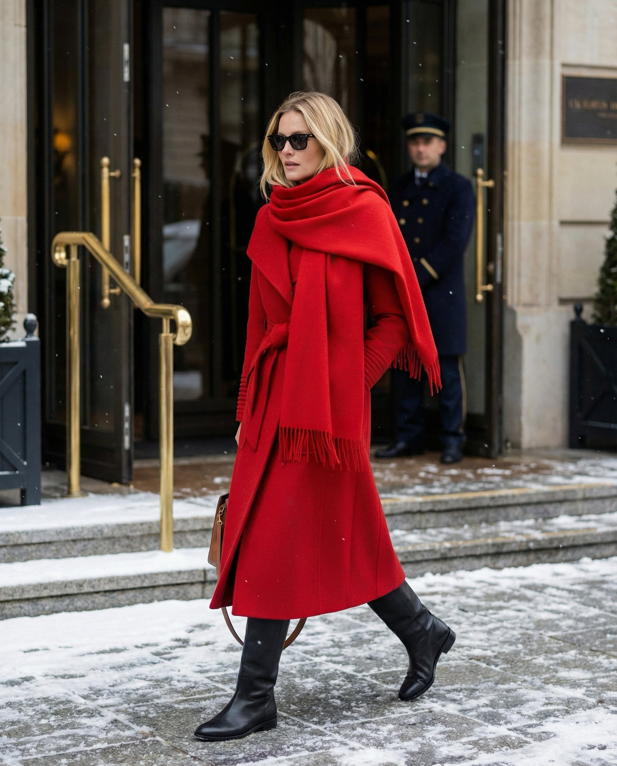Front view of model wearing a Sentaler scarlet red long wrap coat made of baby alpaca wool, with a wide collar, worn belted.