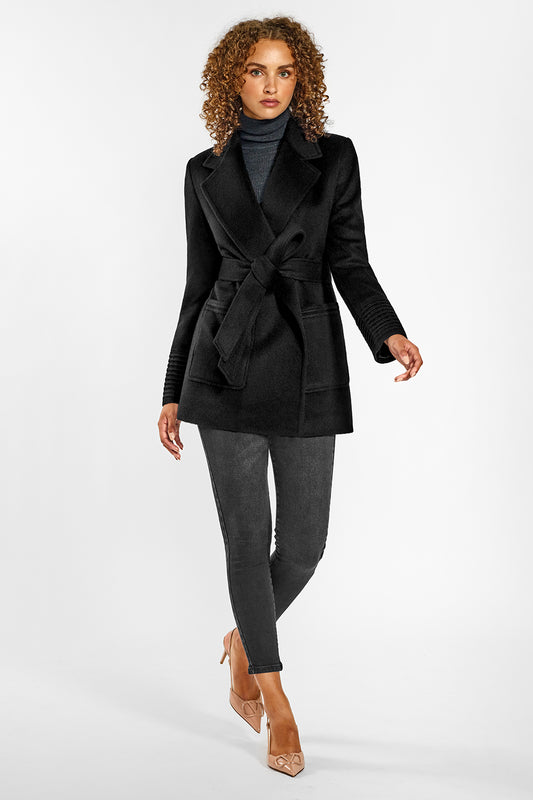 Sentaler Cropped Notched Collar Wrap Coat with Square Pockets crafted in Baby Alpaca and in Black. Seen from front on female model.