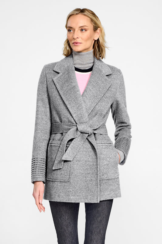 Sentaler Cropped Notched Collar Square Pocket Wrap Shale Grey Coat in Baby Alpaca wool. Seen from front above the knees on female model.