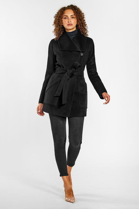 Sentaler Cropped Wide Collar Wrap Coat featured in Baby Alpaca and available in Black. Seen from front on female model.